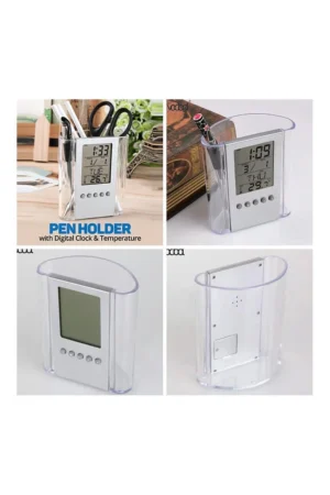 Transparent Pen Stand with Clock